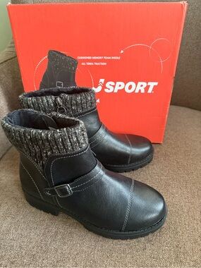 Jsport Black Faux-Leather Knit-Cuff Ankle Boots with Buckle